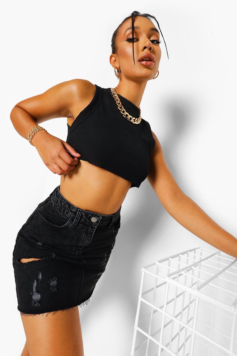 Black ripped denim outlet skirt boohoo